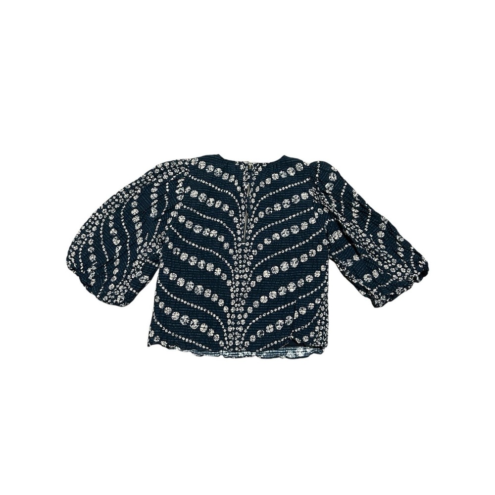 Marie Oliver Harly Top XS Navy Shibori Print Linen Blend Balloon Sleeve Blouse - Picture 3 of 7